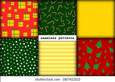 seamless pattern Christmas set of minimalism hand-drawn New Year elements in traditional festive red green gold color palette. endless illustration for packaging wrapping paper cards gift boxes