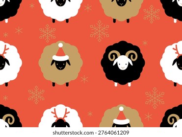 Seamless pattern with Christmas sheep. Seamless pattern of funny New Year sheep. 2027