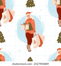 Sem emenda padrão Compras de Natal. Mulher feliz loira em camisolas de Natal e chapéu de Santa com pacotes e presente em fundo xadrez branco. Ilustração vetorial. Comprador de Ano Novo Festivo