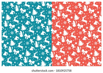 Seamless pattern with christmas silhouettes on the blue and red background. Vector illustration.