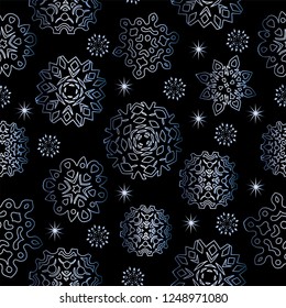 Seamless pattern, christmas silver decorations, snowflakes, hand drawn elements,vector illustration