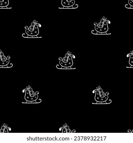 Seamless pattern with Christmas sleigh on a black background. Festive vector illustration.