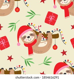 seamless pattern with  Christmas sloth on a  branch
