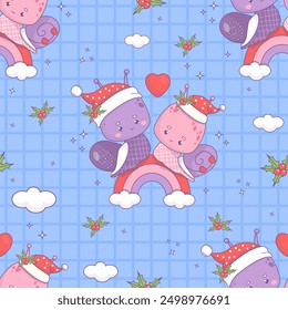 Seamless pattern with Christmas snail girl and boy in Santa hat on rainbow. Holiday happy cartoon kawaii insect on blue checkered background with holly. Vector illustration. New Year backdrop.