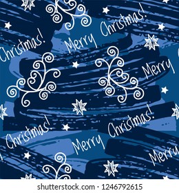 Seamless pattern christmas, snow, hand drawn elements, lettering merry christmas, vector illustration