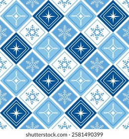 Seamless Pattern of Christmas Snowflakes on Blue Background, Christmas snowflakes tiles pattern, Christmas Wrapping paper- Christmas vector Illustration