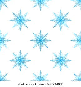 Seamless pattern of Christmas snowflakes on white background, made from blue lines.