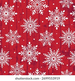 Seamless Pattern of Christmas Snowflakes with Red Background with wood texture- Christmas Snowflakes Vector Illustration