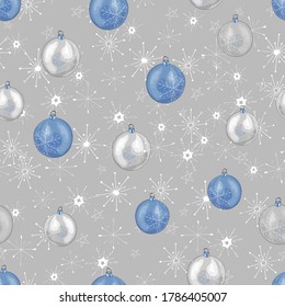 Seamless pattern with Christmas snowflakes and silver blue balls on gray background. For festive season design, textile, print, wallpapers, wrapping paper. New Year vector illustrution.