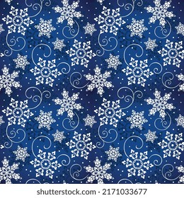 Seamless Pattern Of Christmas Snowflakes With Swirls -Christmas Vector Blue Background