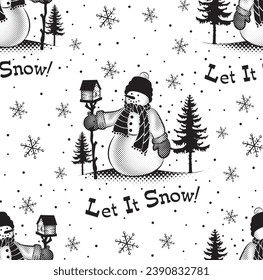 Seamless Pattern of Christmas Snowman Black and white with Let it Snow Wordings and Snowflakes- Christmas Black and white Vector Illustration