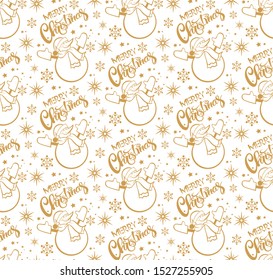 Seamless pattern with Christmas snowman and calligraphy inscription Merry Christmas on white background. Xmas, winter, new year concept. Great for New Year cards, poster, banners, invitations. Vector
