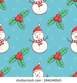 seamless pattern christmas snowman and leaves