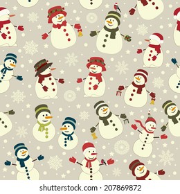 Seamless pattern with Christmas snowman on gray background
