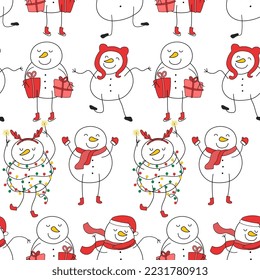 Seamless pattern with Christmas Snowmen vector illustration. Five snowman characters in different poses. Doodle style print for wrapping paper, textile, packaging decoration