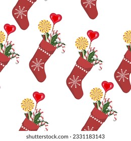 Seamless pattern Christmas sock with lollipops and holly on a white background.Vector pattern for Christmas designs,textiles,packaging,backgrounds.