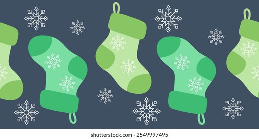 Seamless pattern of Christmas socks. Border, frame. Suitable for winter and New Year themes. Vector illustration. It can be used for packaging, wallpaper, printing.