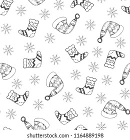 Seamless pattern with Christmas socks, caps and snowflakes on white background. Hand drawing. Vector illustration.