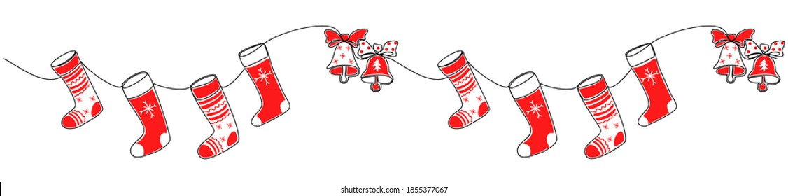 Seamless pattern Christmas socks. Continuous Line trendy style. Horizontal narrow banner with Christmas socks. Vector elements stocking for your Christmas and NewYear projects.