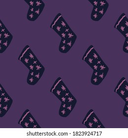 Seamless pattern with christmas socks doodle elements. Purple background. New year holiday backdrop. Great for wallpaper, textile, wrapping paper, fabric print. Vector illustration.
