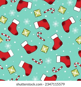Seamless pattern Christmas socks with gifts and candy cane on a blue background