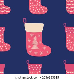Seamless pattern with christmas socks. Merry Christmas and Happy New Year print design.
