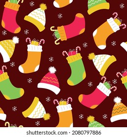Seamless pattern with Christmas socks. new year design for wrapping paper, gift boxes, fabric.