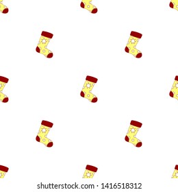 Seamless pattern with christmas socks on white background. Red yellow sock. Vector illustration for design, web, wrapping paper, fabric, wallpaper.