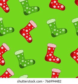 Seamless pattern of christmas socks on a green background