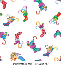 Seamless pattern with Christmas socks over white background.