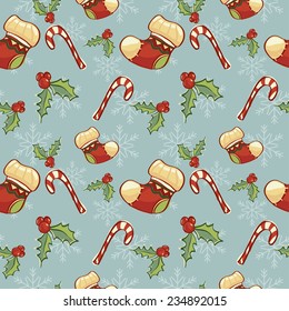 Seamless pattern with christmas socks and snowflakes