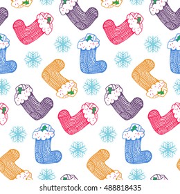 Seamless pattern with Christmas Socks and snowflakes in doodle style. Hand-drawn illustration. Vector.