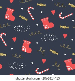Seamless pattern with Christmas socks, stars and snowflakes.Vector childish illustration. Print on poster, postcards, clothes.New Year card. Merry Christmas. 