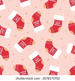 seamless pattern with christmas socks and stars, bright festive background, vector color illustration for merry christmas and happy new year print design