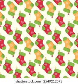 Seamless pattern of Christmas socks. Suitable for winter and New Year themes. Vector illustration. It can be used for packaging, wallpaper, printing.