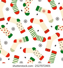 Seamless pattern with Christmas socks. Various winter socks with different patterns, isolated on a white background. 