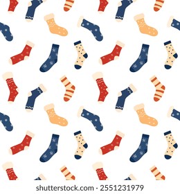 Seamless pattern with Christmas socks. Various winter colorful socks with different patterns. Cotton and wool accessories. Vector flat pattern.