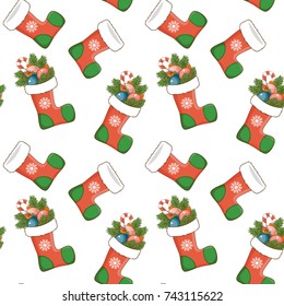 Seamless pattern with Christmas socks. Vector illustration. Isolated white background.