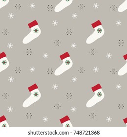 Seamless pattern with Christmas sock,snow flakes  Vector illustration
