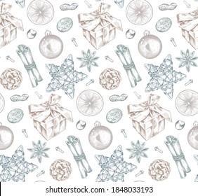 Nahtloses Muster mit Weihnachtswürzen und Zitrusfrüchten. Handgezeichnete Vektorgrafik. Endloser Hintergrund in Pastellfarben.
