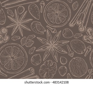 Seamless pattern with Christmas spices and citrus fruit. Hand drawn sketch vector illustration. Monochrome endless background