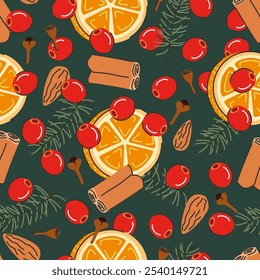 Seamless pattern of Christmas spices. Illustration of cranberry, anise stars, cinnamon, fir branches, orange slices, and cloves. Christmas drink ingredients on green background. 