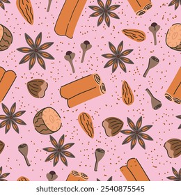 Seamless pattern of Christmas spices. Illustration of anise stars, cinnamon, nutmeg, and cloves. Christmas drink ingredients on pink background. 