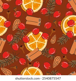 Seamless pattern of Christmas spices. Illustration of cranberry, anise stars, cinnamon, fir branches, orange slices, and cloves. Christmas drink ingredients on brown background. 