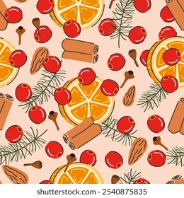 Seamless pattern of Christmas spices. Illustration of cranberry, anise stars, cinnamon, fir branches, orange slices, and cloves. Christmas drink ingredients on beige background. 