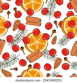 Seamless pattern of Christmas spices. Illustration of cranberry, anise stars, cinnamon, fir branches, orange slices, and cloves. Christmas drink ingredients on white background.