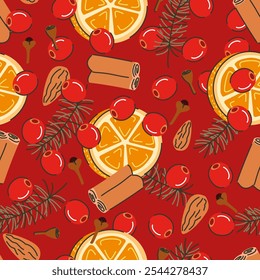 Seamless pattern of Christmas spices. Illustration of cranberry, anise stars, cinnamon, fir branches, orange slices, and cloves. Christmas drink ingredients on red background. 