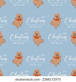 Seamless pattern with Christmas spitz in hand drawn style. Greeting text Merry Christmas and Happy New Year. Background for wrapping paper, greeting cards and seasonal designs