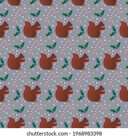 seamless pattern Christmas squirrel animal holly snow holidays on grey background vector wallpaper textile giftwrap