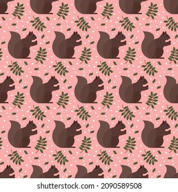seamless pattern Christmas squirrel animal leaf snow holidays on pink background vector wallpaper textile giftwrap
